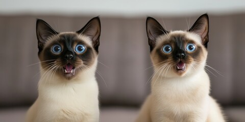 Two Siamese cats looking shocked with exaggerated expression and open mouths