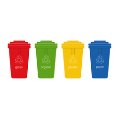 colored trash cans on white background