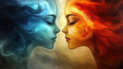 Abstract painting of two women's faces, one blue and one orange, facing each other.