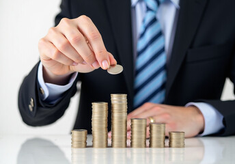 Businessperson Stacking Coins in Increasing Order on Reflective Table, Symbolizing Financial Growth, Investment, and Wealth Management in a Professional Corporate Setting