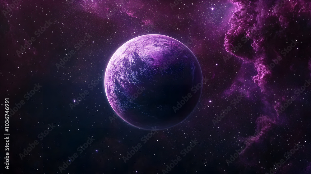 Poster a purple planet is floating in space. the sky is filled with stars and the planet is surrounded by a