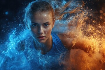 Fototapeta premium Athlete in dynamic action surrounded by vibrant splashes of blue and orange water during an intense workout session