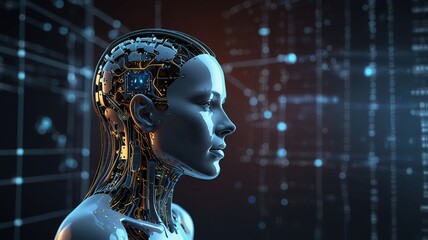Obraz premium Free Photo Digital AI Artificial Intelligence Head Portrait chip integral into abstract technology brain on dark blue background 