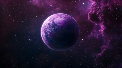Obraz premium A purple planet is floating in space. The sky is filled with stars and the planet is surrounded by a purple cloud