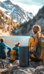 A group of people enjoy the view with a speaker.