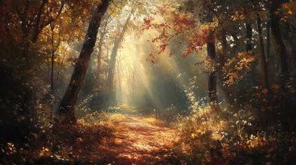 Sunbeams Through Autumn Forest