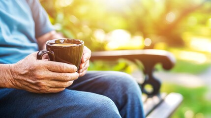 Middle-aged man with slight tremor holding cup of coffee on park bench, symbolizing struggle with Parkinson's disease, calm natural setting.