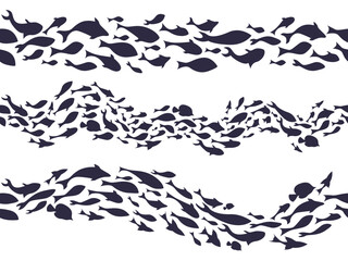 Fish school silhouette. Ocean marine life pattern of reef fishes, shoal of fish wavy line aquatic decor for seafood, aquarium or nautical design. Seamless horizontal divider vector illustration set.