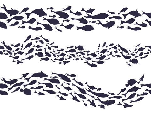 Fish school silhouette. Ocean marine life pattern of reef fishes, shoal of fish wavy line aquatic decor for seafood, aquarium or nautical design. Seamless horizontal divider vector illustration set.