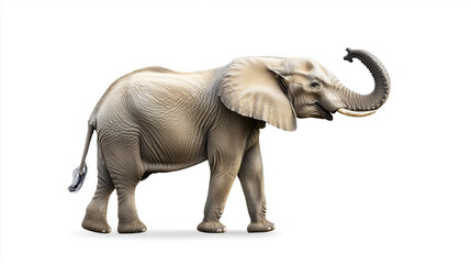 Obraz premium An elephant with its trunk raised on a white background