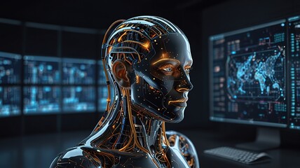 Fototapeta premium Free Photo Digital AI Artificial Intelligence Head Portrait chip integral into abstract technology brain on dark blue background 