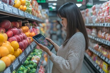 Shop owner using a digital tablet in her grocery store, Generative AI
