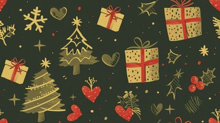 A green Christmas sweater with a pattern of presents, hearts