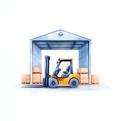Forklift in warehouse, white isolate background