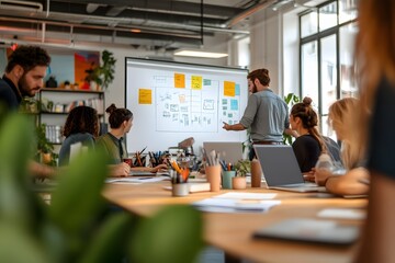 A group of people working together at a table in an office, focusing on a whiteboard filled with notes and a diagram.
