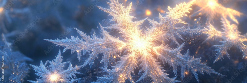 Aufkleber intricate snowflake-like shapes sparkle in a winter setting, illuminated by gentle lights creating a