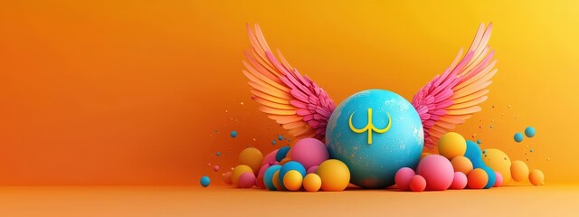 Colorful Sphere with Wings and Playful Background