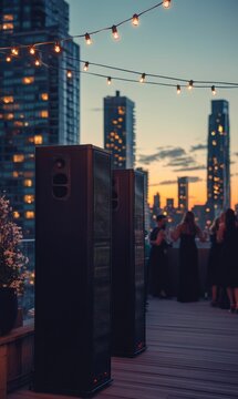 Two speakers on rooftop with city lights.