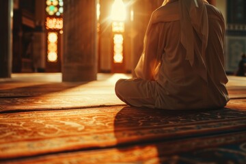 Fototapeta premium Devout worship and spiritual reflection in a place of faith, emphasizing gratitude, mindfulness, and love for the divine, alongside teachings of hope and peace