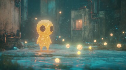 Alien with orange skin, large round eyes, and a chubby form engaging with glowing orbs in a high  tech playground