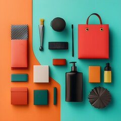 Fototapeta premium Colorful Geometric Mockups with Branding Elements and Packaging on Teal and Orange Background