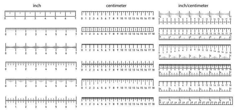 Ruler measurement scales. Inch, centimeter and mixed rulers, precise metric and imperial scales. Horizontal meter distance or scale markup, size indicators vector set.