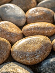 Fototapeta premium A close-up view of smooth, polished stones in various shades of brown and gray, reflecting sunlight, creating a serene and calming atmosphere.