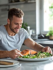 Fit and Focused Meal Prep   Bodybuilder Enjoys Balanced Nutrition in Bright Kitchen