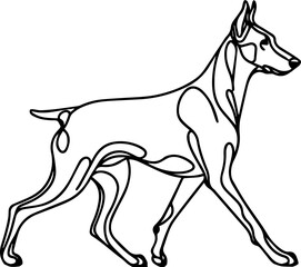 Black Line Art Style Doberman Dog Calm Walking Pose Hand Drawn Illustration