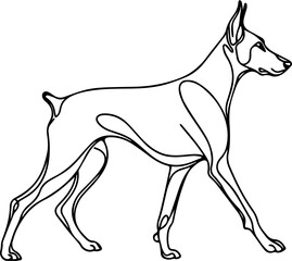 Black Line Art Style Doberman Dog Calm Walking Pose Hand Drawn Illustration