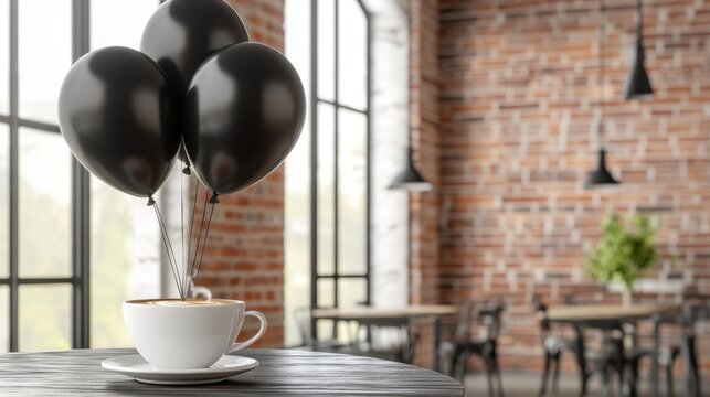 black balloons attached to a cup of hot coffee, cozy caffeteria in background --chaos 20 --ar 16:9 --v 6.1 Job ID: 88e1b16f-ace2-4e78-bad7-5fd327953187