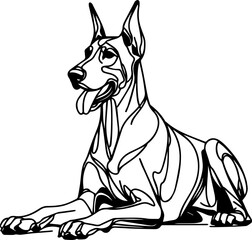 Black Line Art Style Doberman Dog Calm Crawl Pose Hand Drawn Illustration