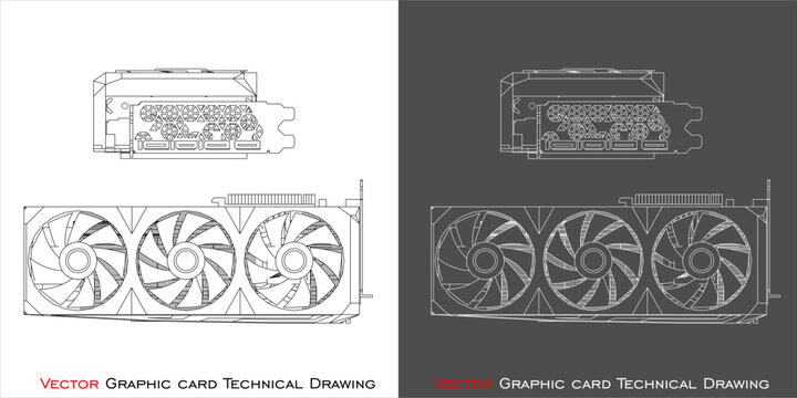 vector GPU  triple fan blueprint line technical drawing isolated on transparent background
