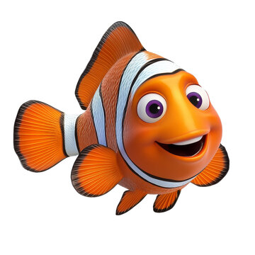 Cheerful cartoon clownfish character swimming joyfully in a bright underwater setting, 3D Cartoon Clownfish, Nemo Character on transparent background
