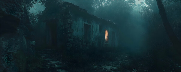 Foggy Forest View: Abandoned House Illuminated by Mysterious Light