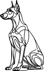 Black Line Art Style Doberman Dog Calm Standing Pose Hand Drawn Illustration