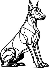Black Line Art Style Doberman Dog Calm Standing Pose Hand Drawn Illustration