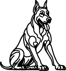 Black Line Art Style Doberman Dog Calm Standing Pose Hand Drawn Illustration