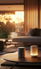 Two smart speakers on wooden table in living room.