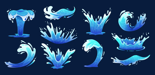 Cartoon water splash. Sea curl wave, splashing aqua flow and blue liquid plop crown with dynamic drops. Surge burst, splashdown and gush effect isolated vector set.