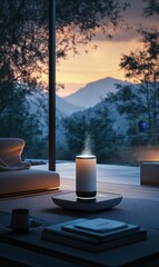 Smart speaker on a table with books.