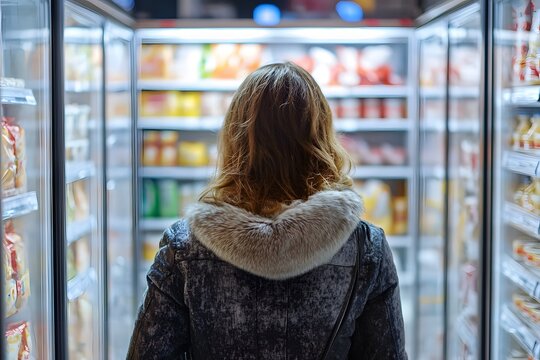 Woman Looking at Products in a Refrigerated Display Case