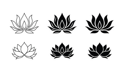 Lotus flower silhouette logo. Set black lotus symbol isolated on white background. Lotus vector icon, sign yoga and meditation for spa salon