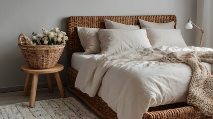 Minimalistic composition of bedroom interior with wooden bed rattan lamp shelf flowers in vase