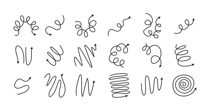 Spiral arrows Doodle set, hand drawn spring arrow coil icons flexible lines. Editable stroke