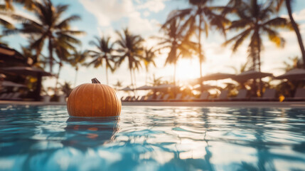 Pumpkin floating in tropical hotel pool, Thanksgiving holiday special offer