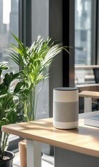 White speaker on wooden table with plant.