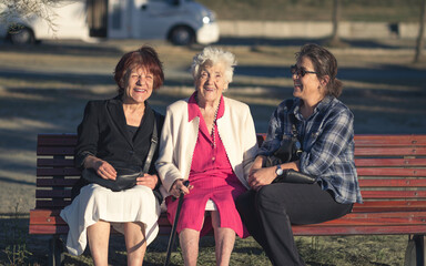 An elderly mother is smiling happily alongside her two daughters on a wooden park bench while they...