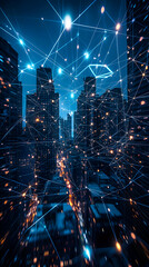 Futuristic City Landscape Illuminated with Digital Connections and Lights