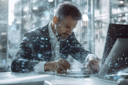 Businessman Working on Laptop with Digital Network Overlay